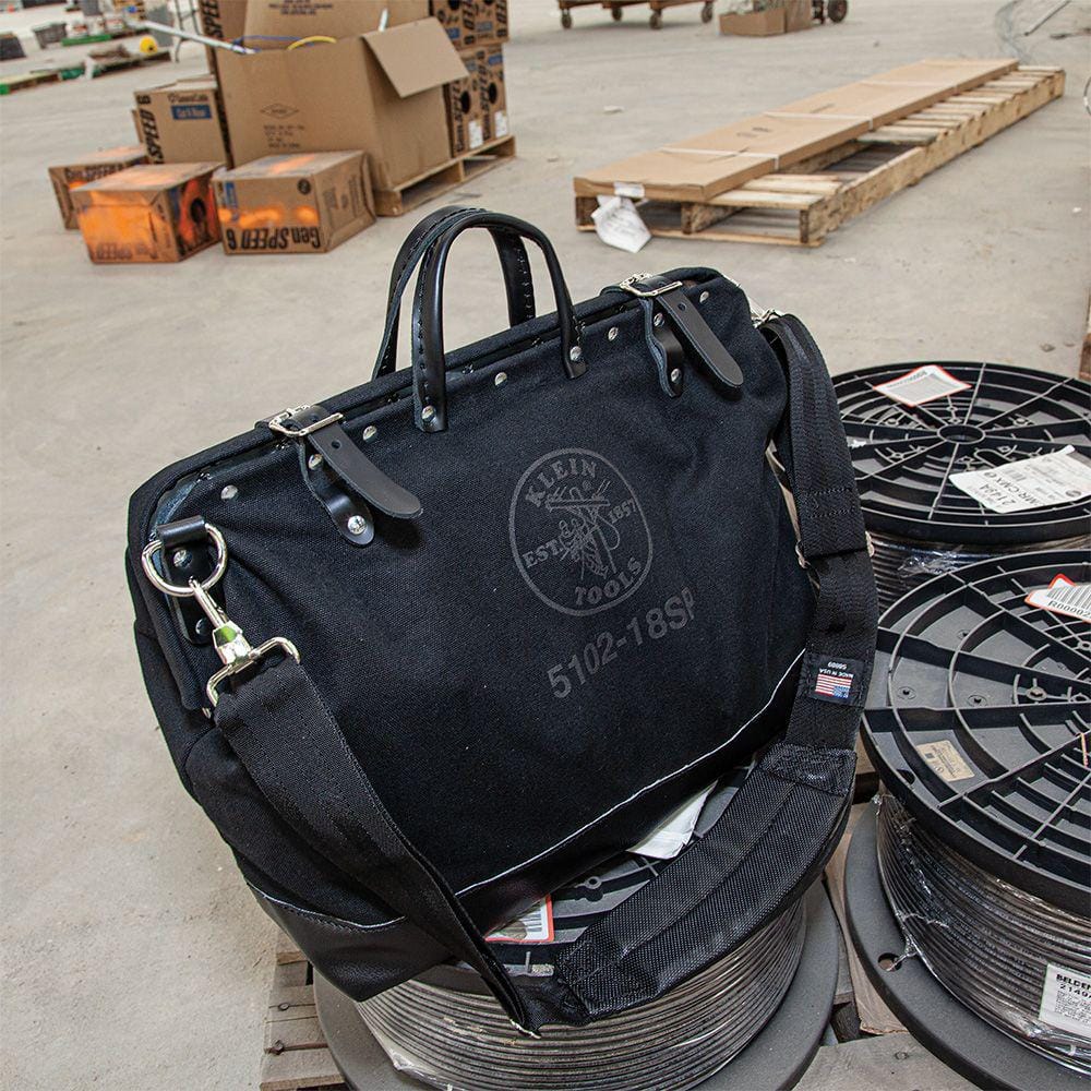 Klein Tools Deluxe Canvas Tool Bag with Shoulder Strap, Black, 13 Interior Pockets, 18 in.