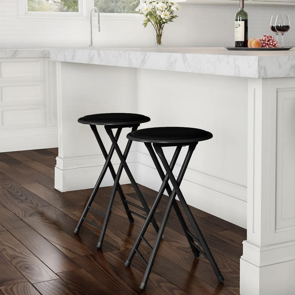 Lavish Home Black Steel Padded Seats Folding Bar Stools 24 in. Set of 2