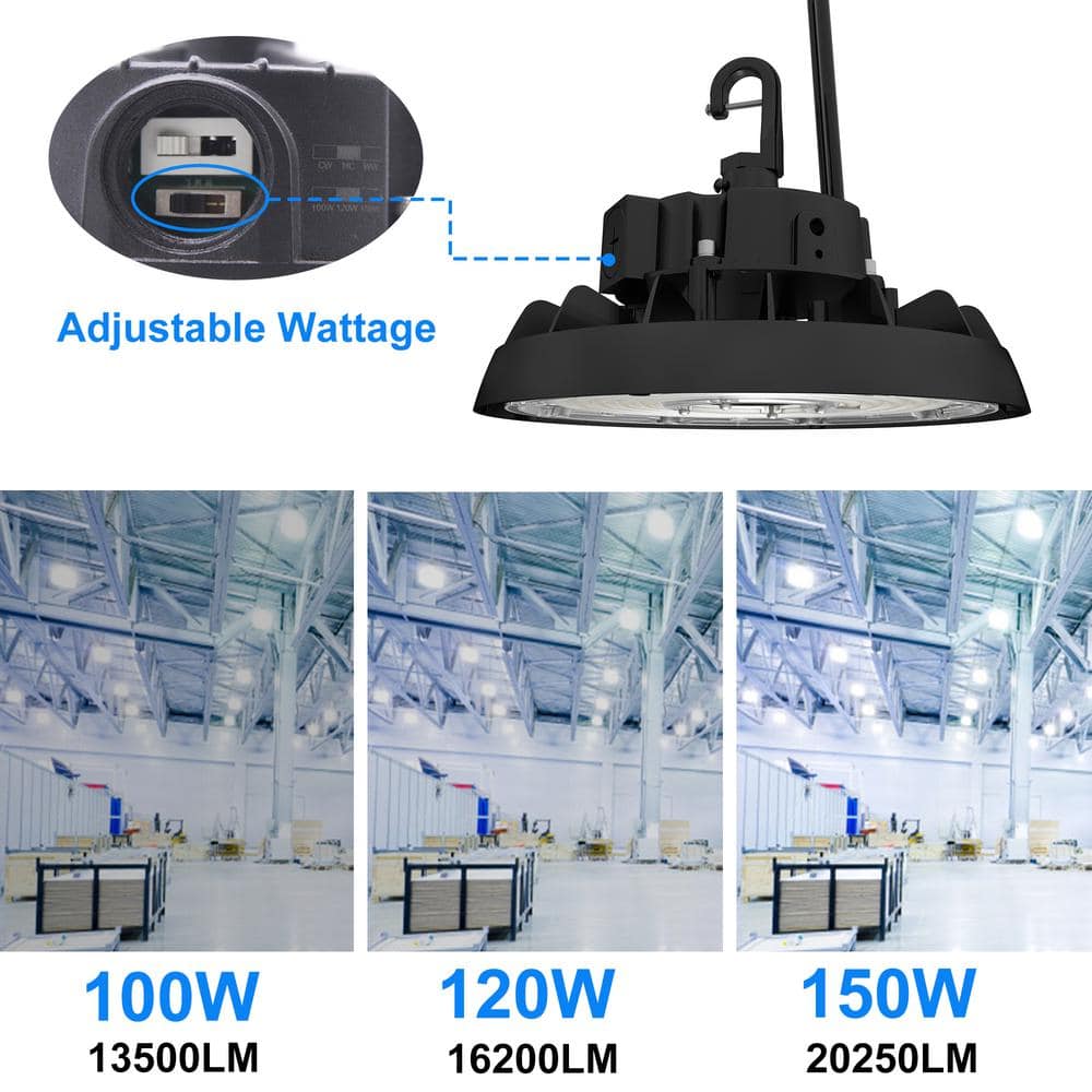 Lecoht 10 in. 100/120/150-Watt Selectable Commercial Lighting Black UFO High Bay Garage Light, 3000/4000/5000K