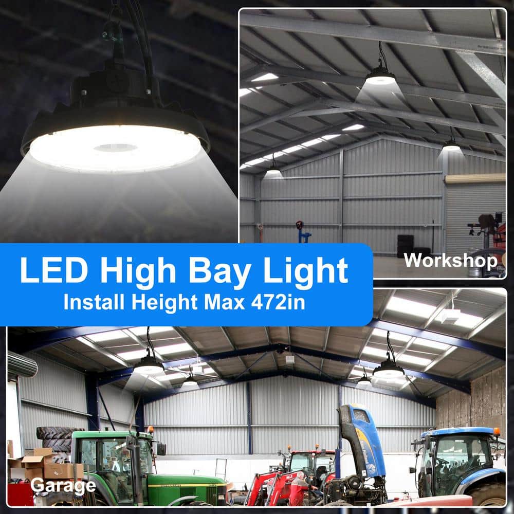 Lecoht 10 in. 100/120/150-Watt Selectable Commercial Lighting Black UFO High Bay Garage Light, 3000/4000/5000K