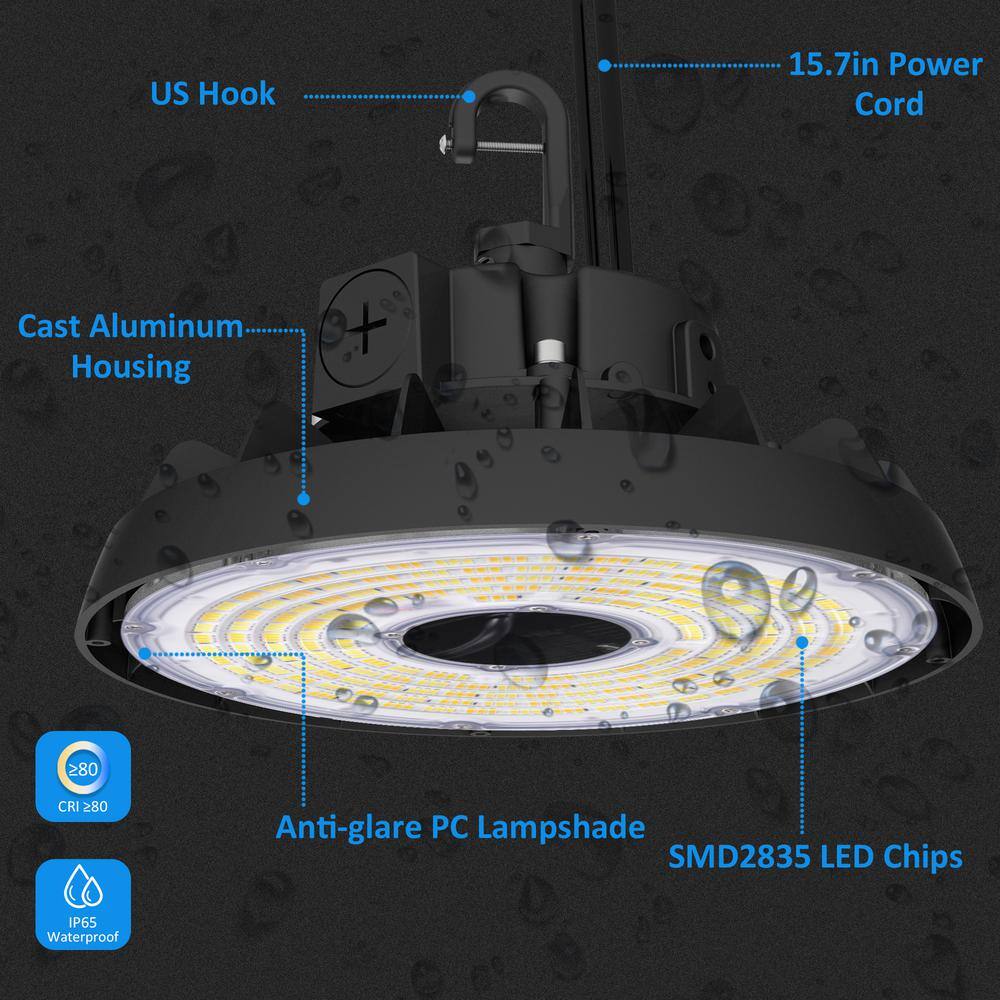 Lecoht 10 in. 150W Integrated LED Dimmable Black High Bay Light UFO 5000K 20250 Lumens IP65