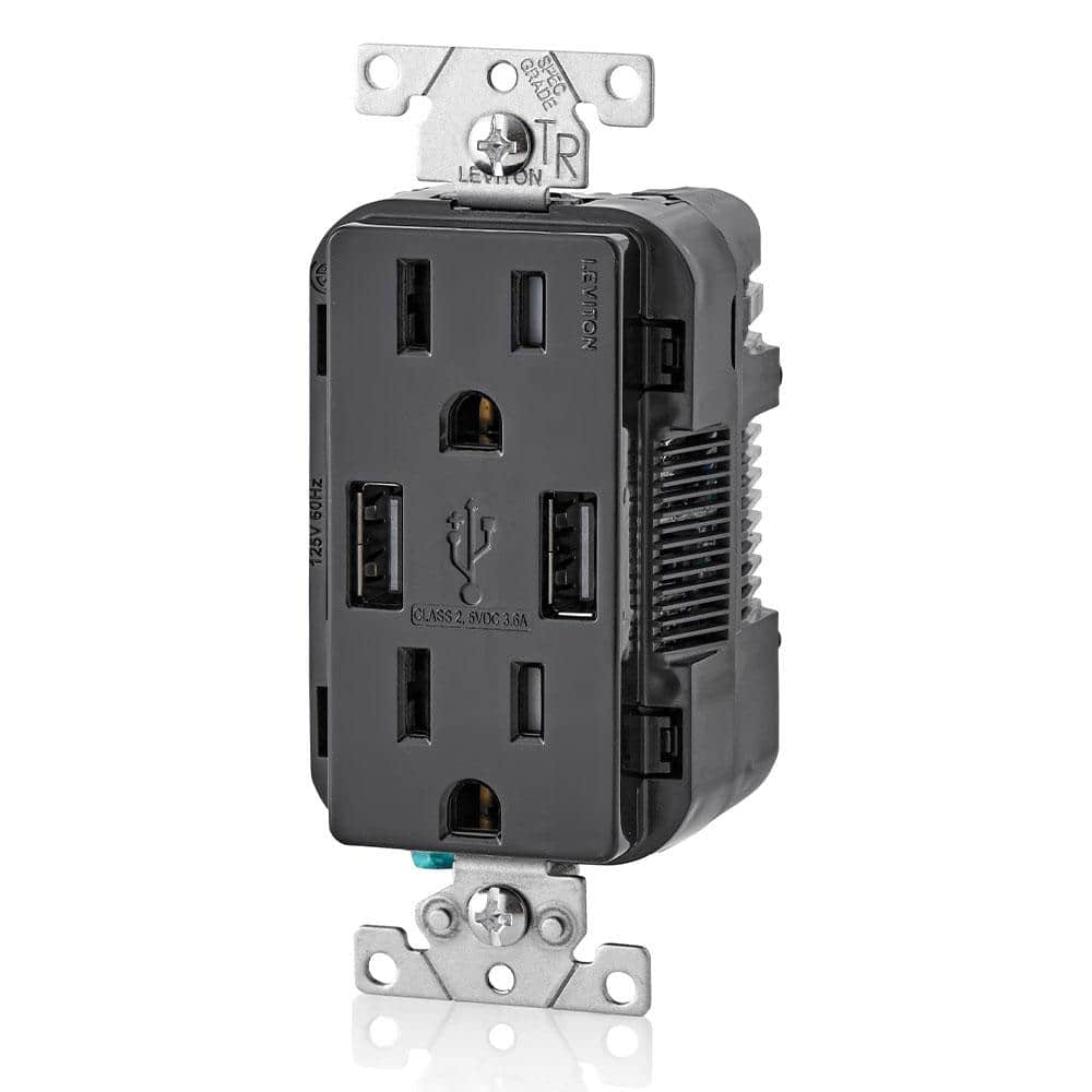 Leviton 3.6A USB Dual Type A In‑Wall Charger with 15A Tamper‑Resistant Outlets, Black
