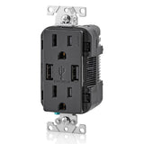 Leviton 3.6A USB Dual Type A In‑Wall Charger with 15A Tamper‑Resistant Outlets, Black