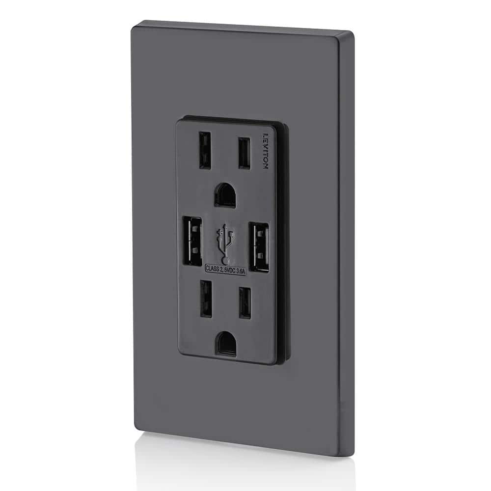 Leviton 3.6A USB Dual Type A In‑Wall Charger with 15A Tamper‑Resistant Outlets, Black