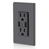 Leviton 3.6A USB Dual Type A In‑Wall Charger with 15A Tamper‑Resistant Outlets, Black