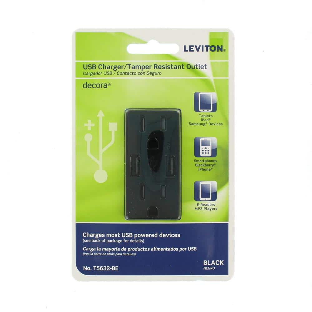 Leviton 3.6A USB Dual Type A In‑Wall Charger with 15A Tamper‑Resistant Outlets, Black