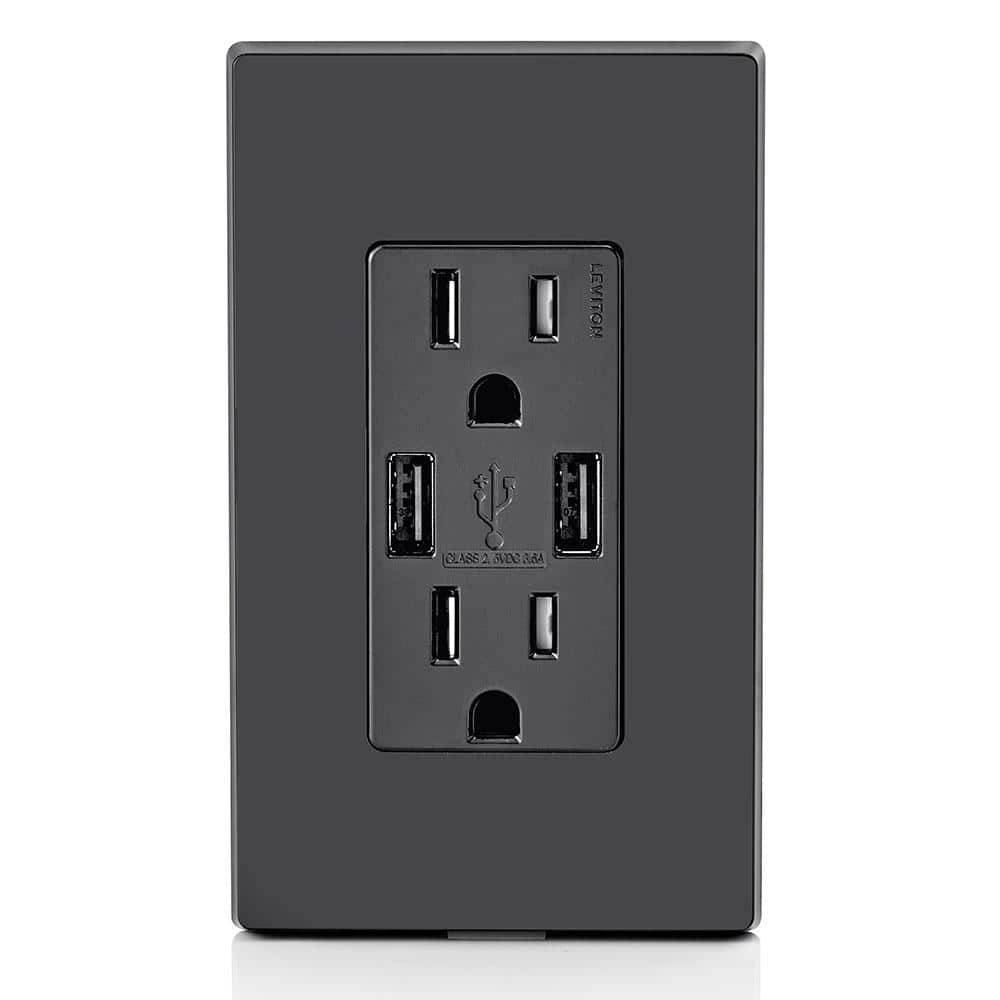 Leviton 3.6A USB Dual Type A In‑Wall Charger with 15A Tamper‑Resistant Outlets, Black