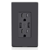 Leviton 3.6A USB Dual Type A In‑Wall Charger with 15A Tamper‑Resistant Outlets, Black