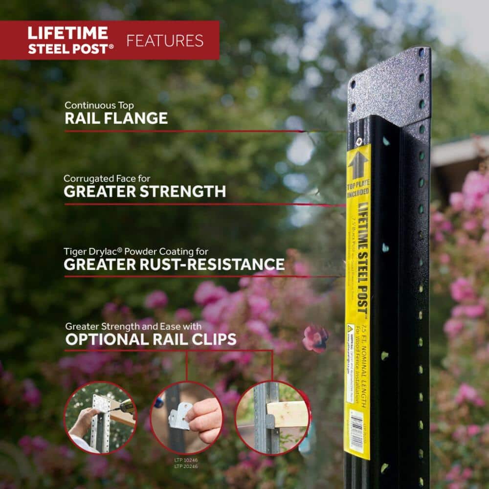 LIFETIME STEEL POST 8 ft. x 4 in. Powder Coated Black Steel Metal Fence Post with Top Plate for In-Ground Line Applications