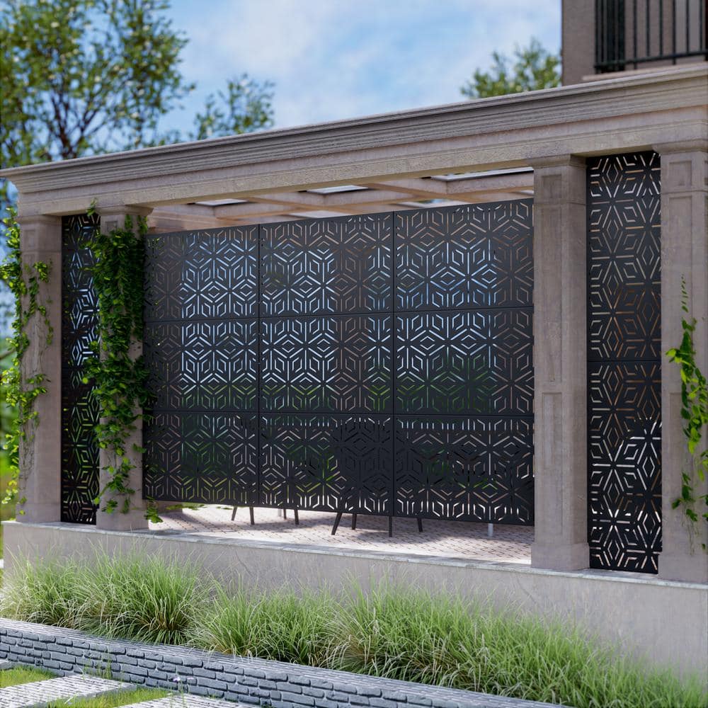 Lirago 72 in. H x 47 in. W Outdoor Metal Privacy Screen Garden Fence Web Pattern Wall Applique in Black