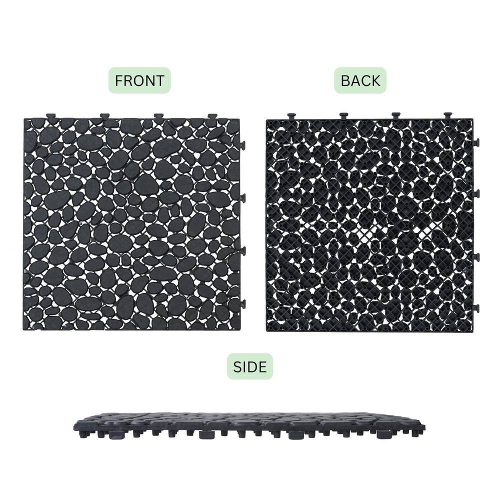 LIVIZA 1 ft. x 1 ft. Anti-Slip Plastic Deck Tile in Black (24-Piece), Pebble Stone Pattern