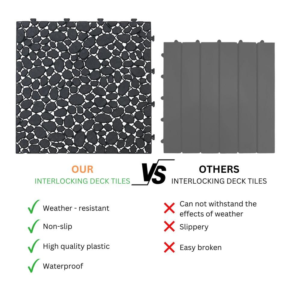 LIVIZA 1 ft. x 1 ft. Anti-Slip Plastic Deck Tile in Black (24-Piece), Pebble Stone Pattern
