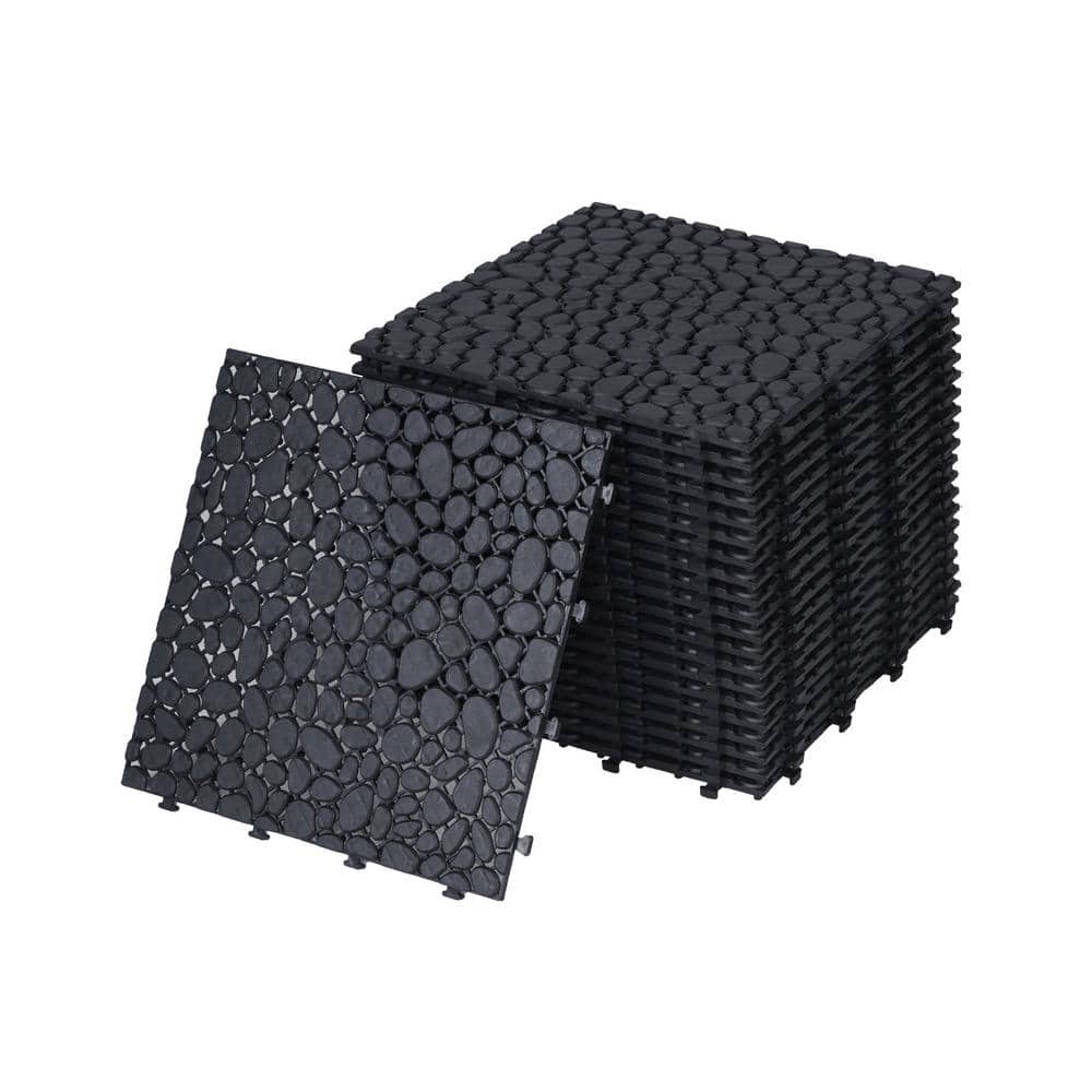 LIVIZA 1 ft. x 1 ft. Anti-Slip Plastic Deck Tile in Black (24-Piece), Pebble Stone Pattern