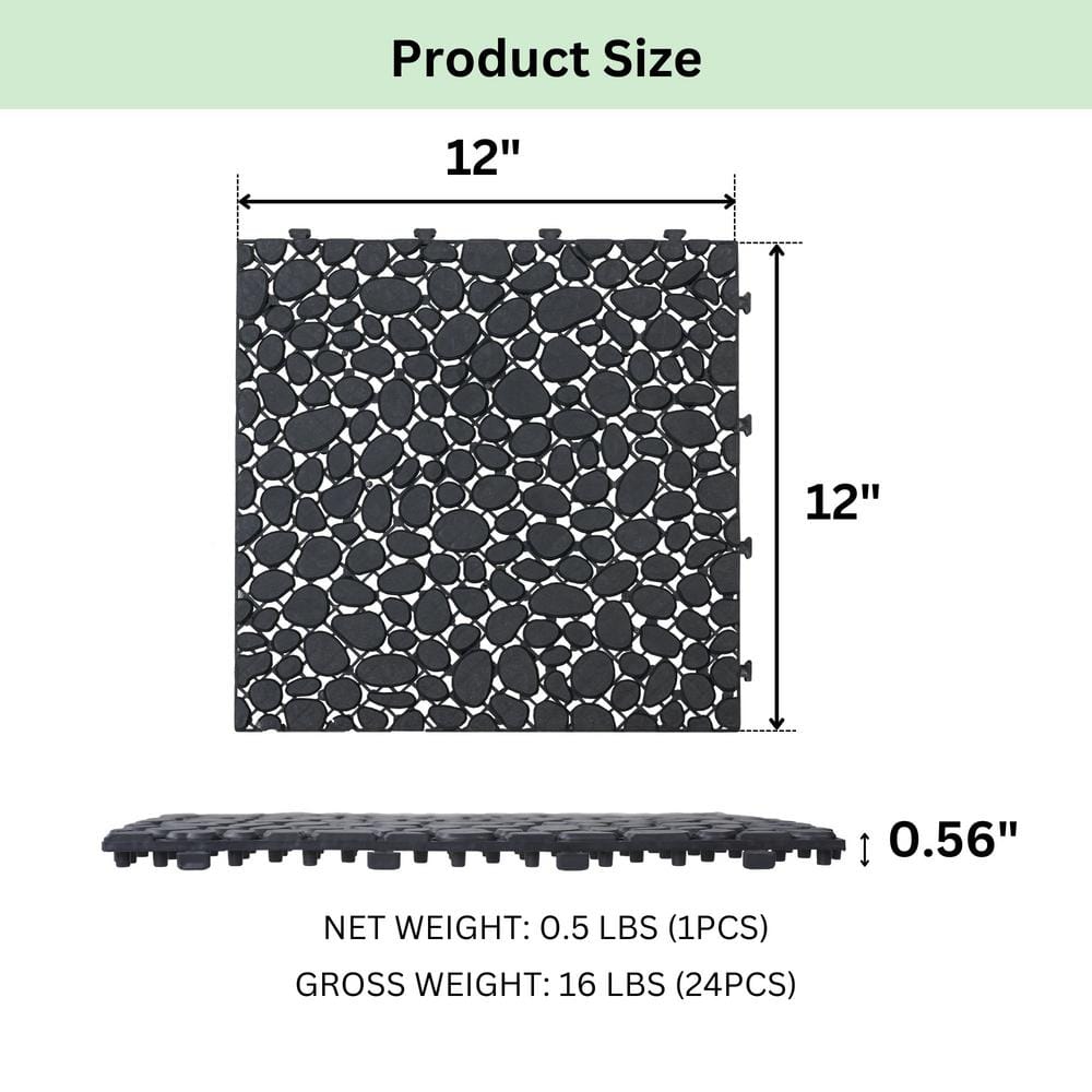 LIVIZA 1 ft. x 1 ft. Anti-Slip Plastic Deck Tile in Black (24-Piece), Pebble Stone Pattern