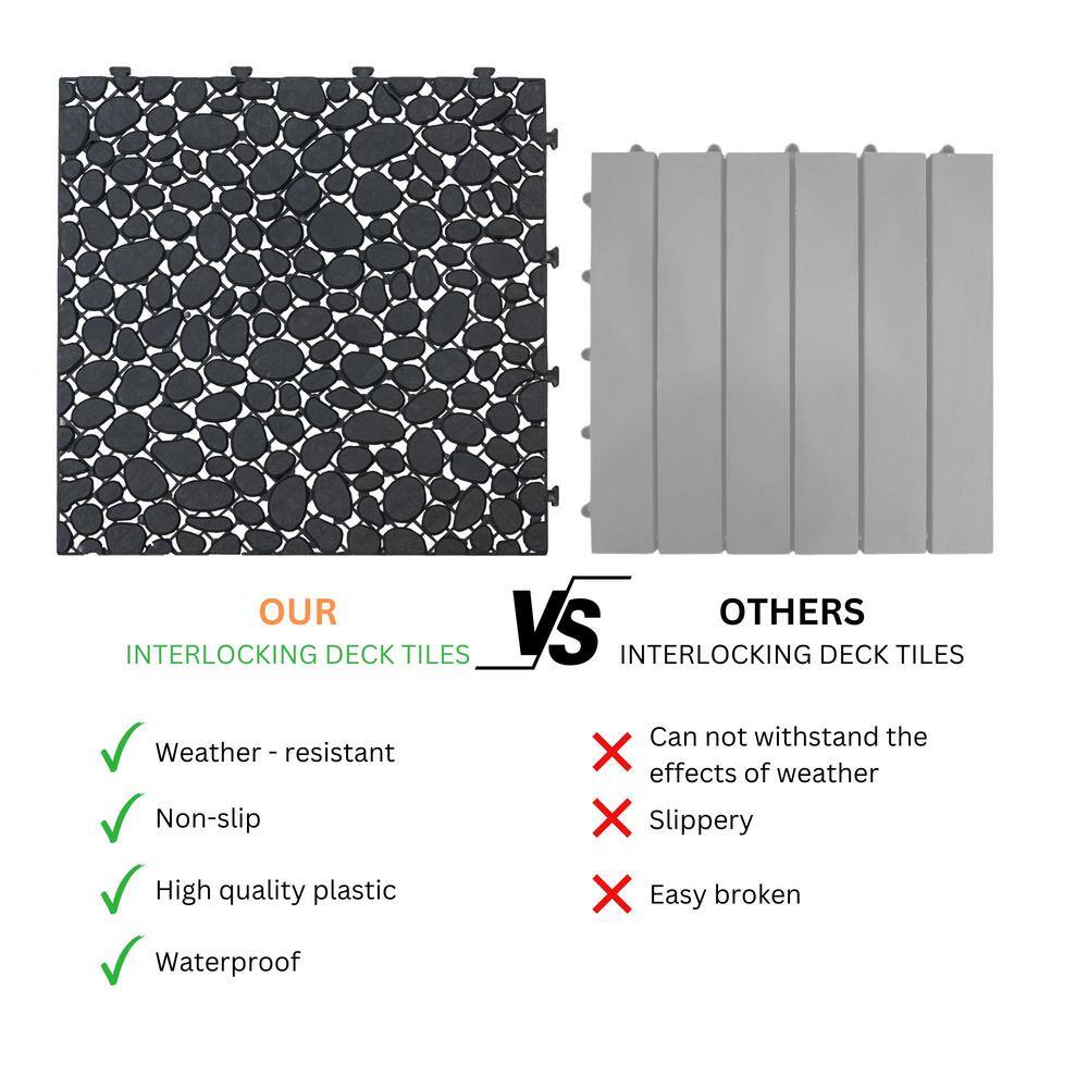 LIVIZA 1 ft. x 1 ft. Anti-Slip Plastic Deck Tile in Black (60-Piece), Pebble Stone Pattern