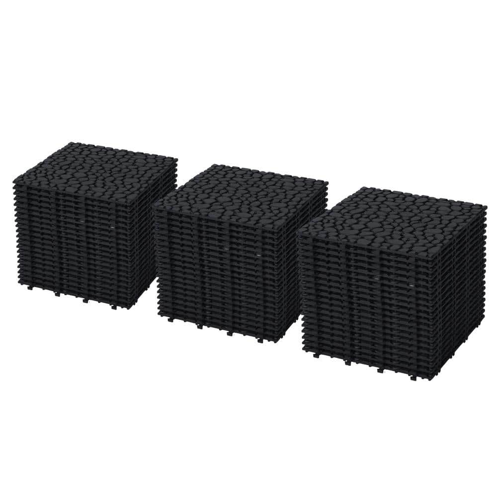 LIVIZA 1 ft. x 1 ft. Anti-Slip Plastic Deck Tile in Black (60-Piece), Pebble Stone Pattern