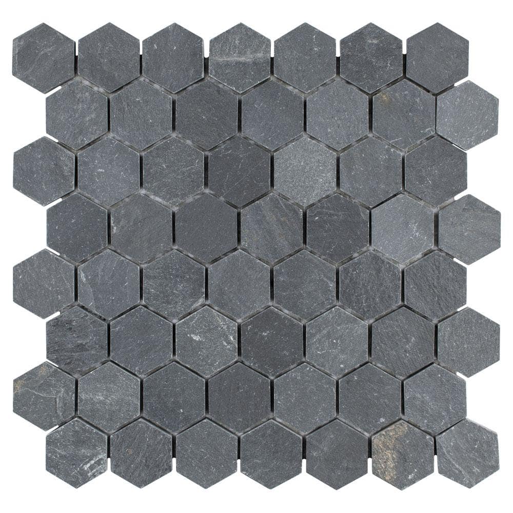 Merola Tile Crag Hexagon Black 11-1/8 in. x 11-1/8 in. x 8 mm Slate Mosaic Tile