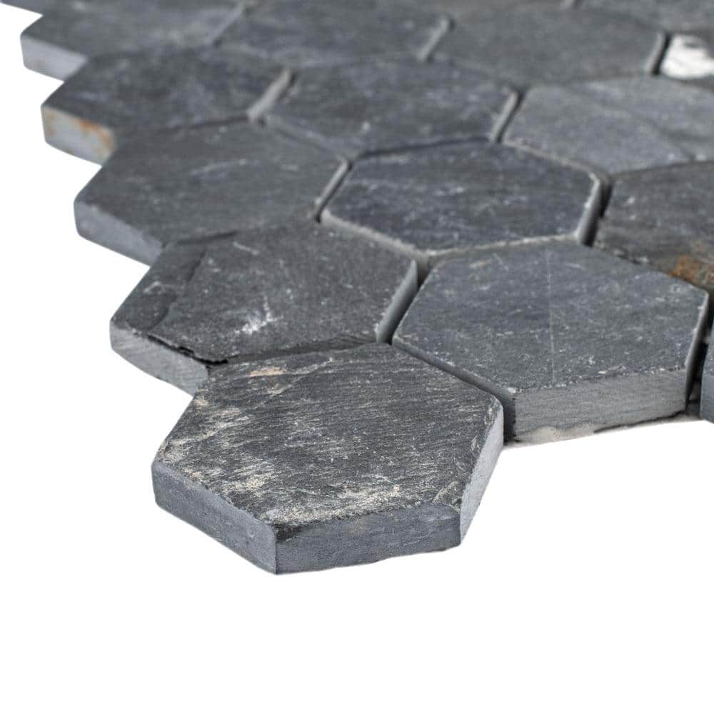 Merola Tile Crag Hexagon Black 11-1/8 in. x 11-1/8 in. x 8 mm Slate Mosaic Tile