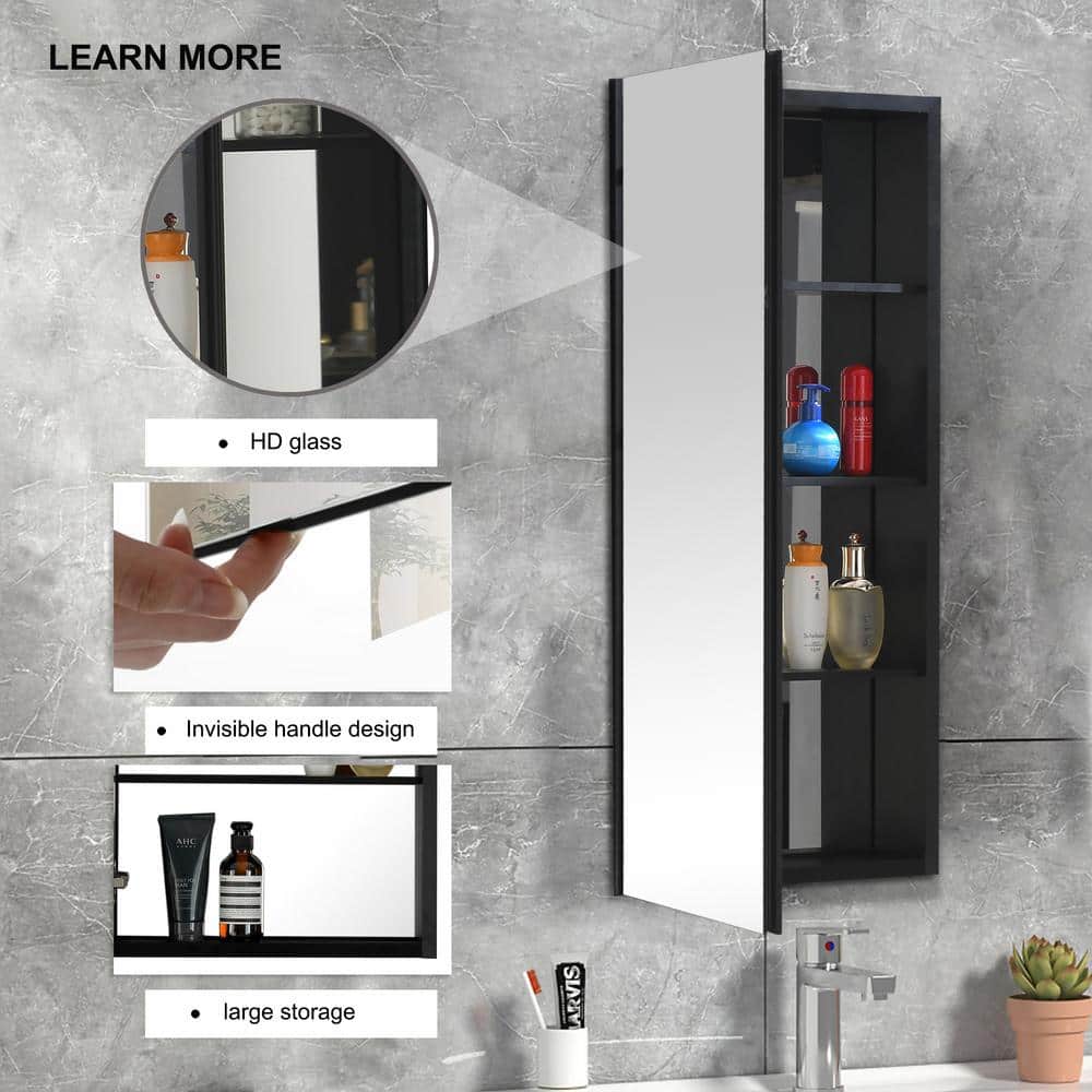 Interbath 18 in. W x 36 in. H Rectangular Black Aluminum Surface Mount Medicine Cabinet with Mirror