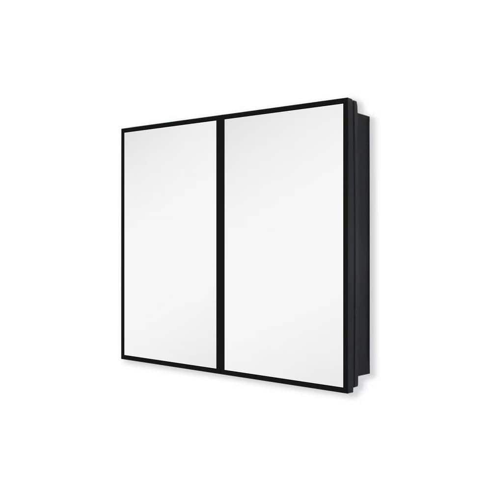 Tileon 30 in. W x 26 in. H Black Metal Framed Rectangular Wall Mount/Recessed Bathroom Medicine Cabinet with Mirror
