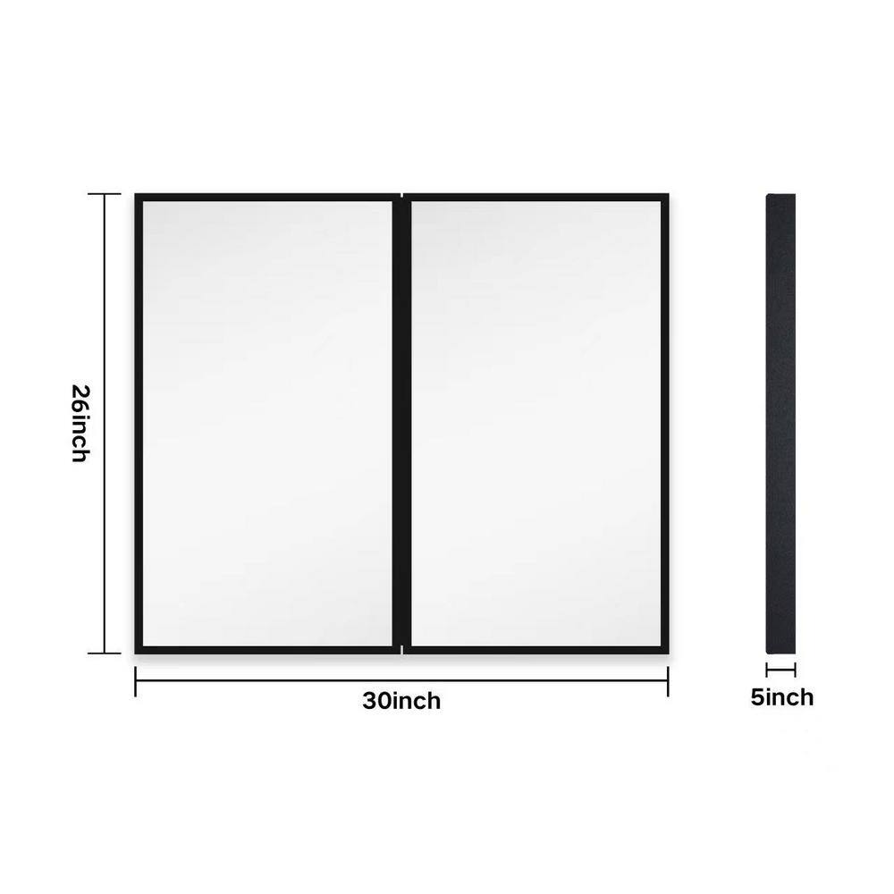 Tileon 30 in. W x 26 in. H Black Metal Framed Rectangular Wall Mount/Recessed Bathroom Medicine Cabinet with Mirror