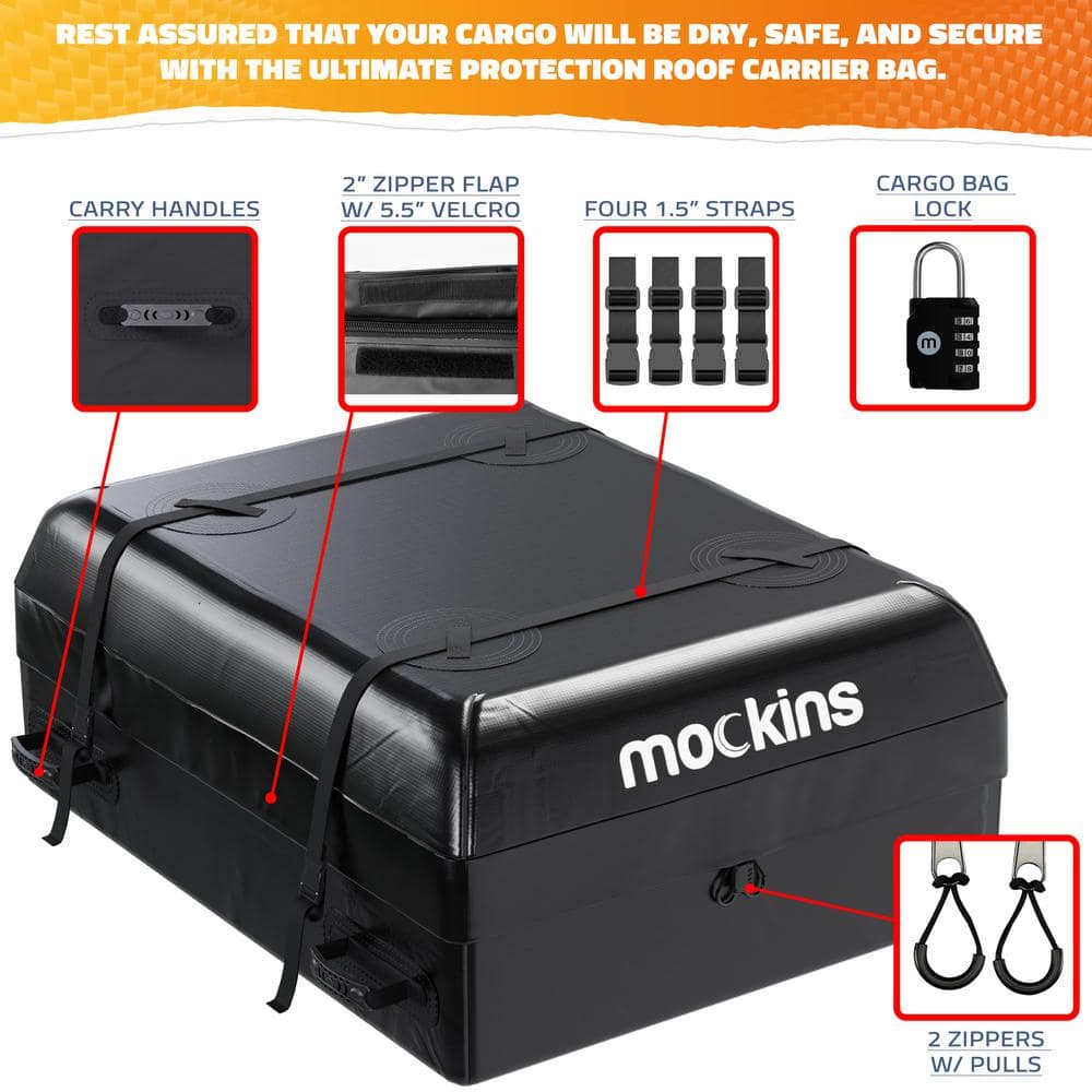 Mockins 44 in. x 34 in. x 17 in. Waterproof Cargo Roof Bag Set with Car Roof Mat and Ratchet Straps 16 cu. ft. Dry Storage Space
