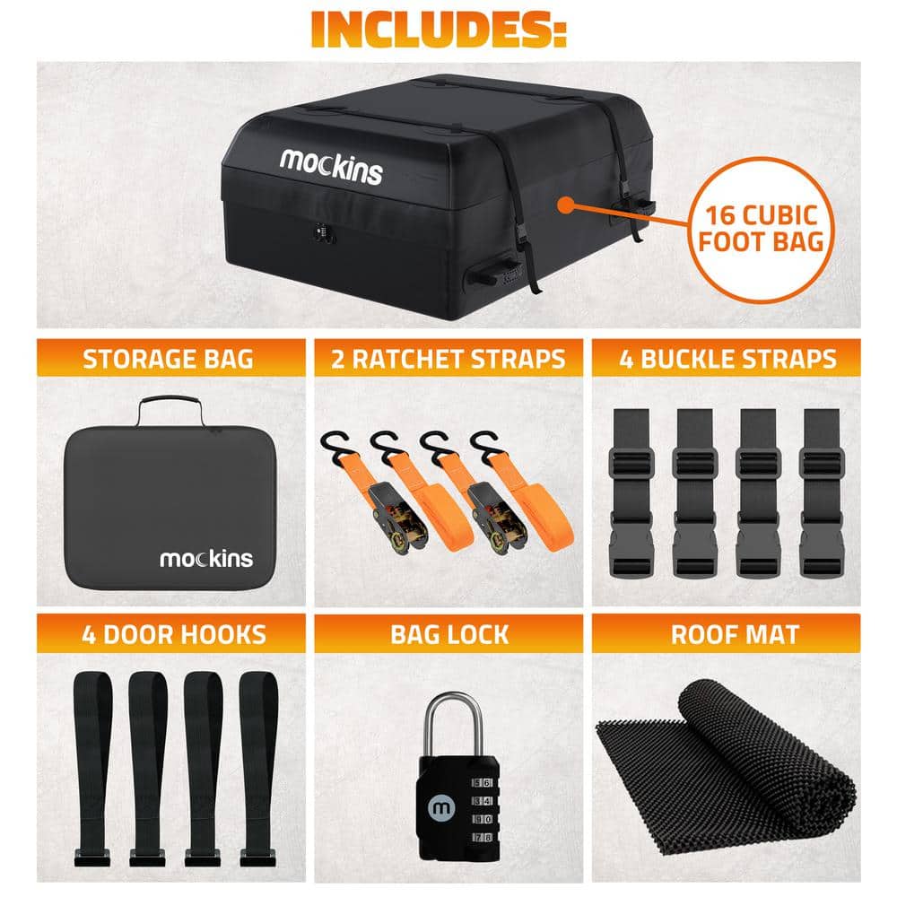 Mockins 44 in. x 34 in. x 17 in. Waterproof Cargo Roof Bag Set with Car Roof Mat and Ratchet Straps 16 cu. ft. Dry Storage Space