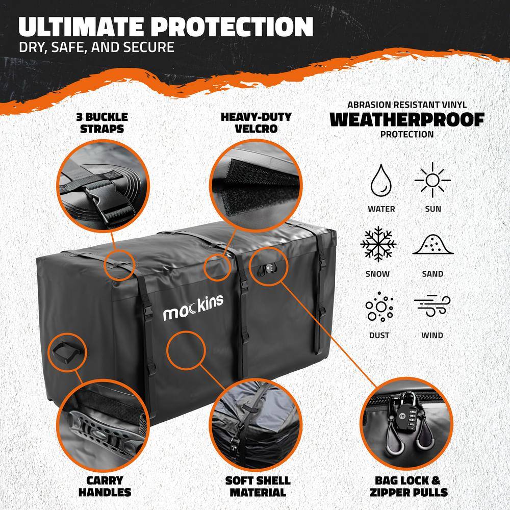 Mockins 25 Cu. Ft. XL Hitch Cargo Carrier Bag 59.5x30.5x23.5 in. Black Abrasion Resistant Vinyl Waterproof Cargo Bag