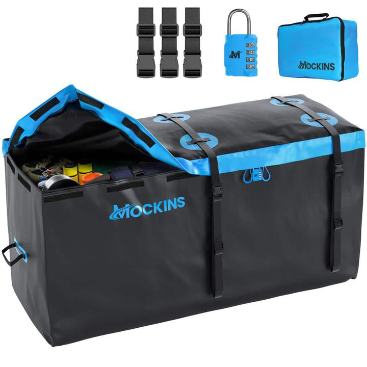Mockins 25 cu. ft. Waterproof Cargo Carrier Bag 60 in. x 31 in. x 24 in. Hitch Bag with Lock, Straps and Carry Bag, Blue