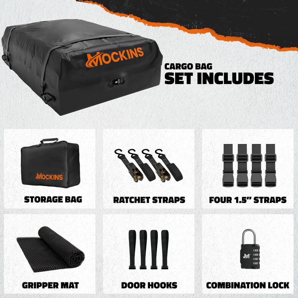 Mockins 25 cu. ft. Waterproof Rooftop Carrier Bag Capacity Storage Roof Bag Use With Or Without Racks/Bars Accessories Included