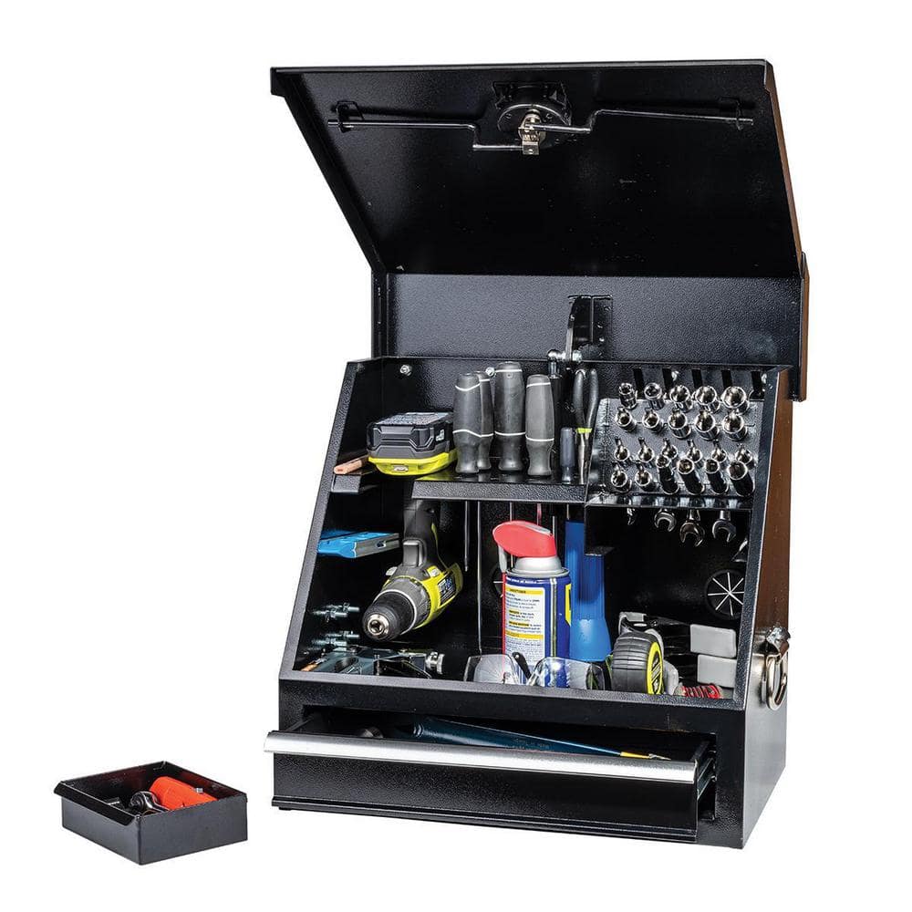Montezuma 18 in. W x 12 in. D 1-Drawer Black Steel Portable Shop Triangle Tool Box Chest for Sockets, Wrenches and Screwdrivers
