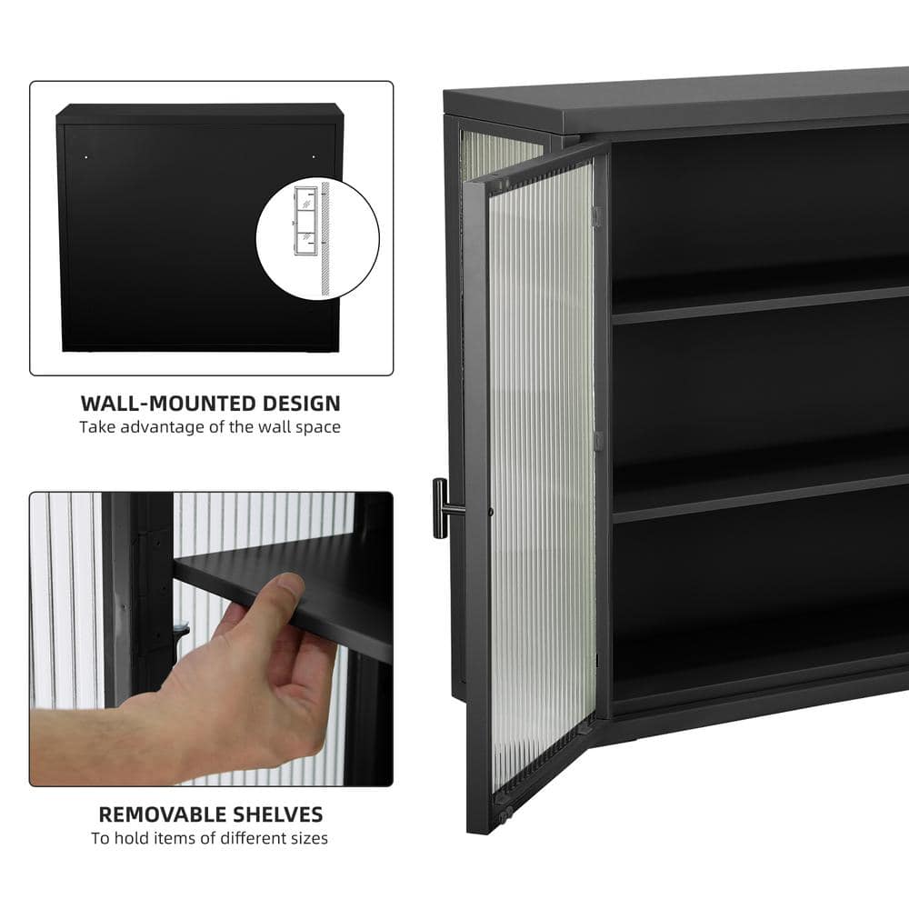 Nivencai 27.6 in. W x 9.1 in. D x 23.6 in. H Ready to Assemble Metal Wall Kitchen Cabinet in Black with Detachable Shelves