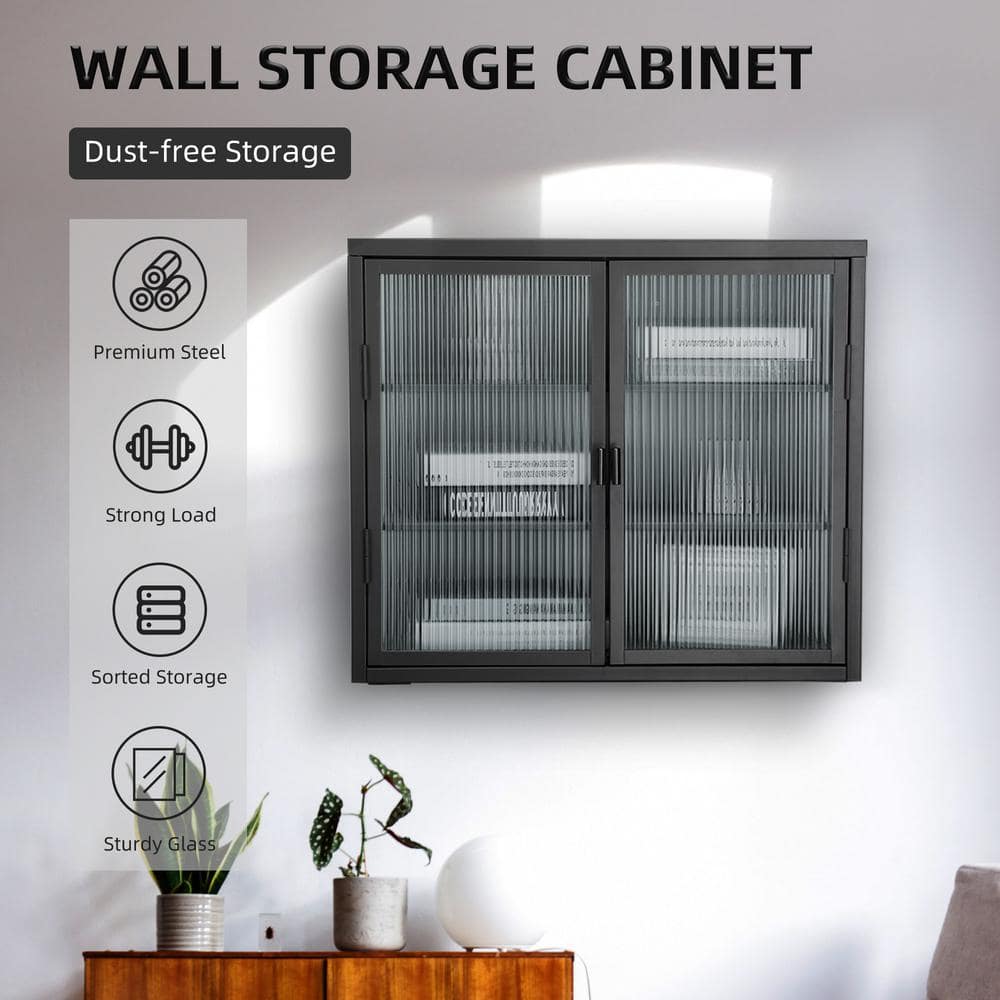 Nivencai 27.6 in. W x 9.1 in. D x 23.6 in. H Ready to Assemble Metal Wall Kitchen Cabinet in Black with Detachable Shelves
