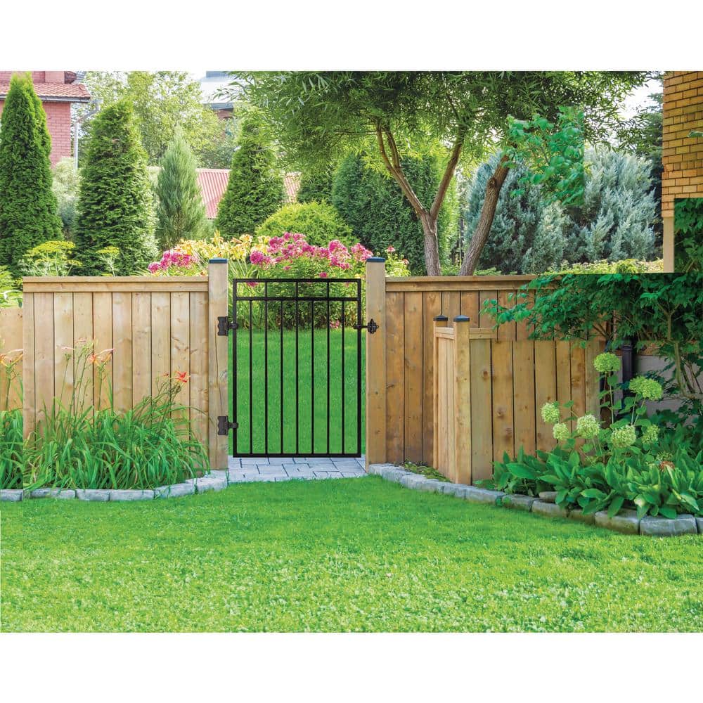 NUVO IRON 2.75 ft. x 3.83 ft. Benitoite Profile Black Iron Center Point Fence Gate
