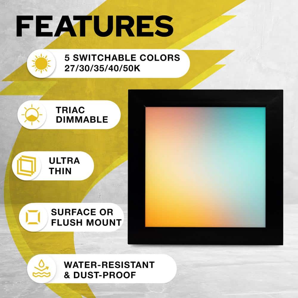 NuWatt 1 ft. x 1 ft. 120V Surface Mount 1500LM Integrated LED Panel Internal Driver, 5CCT 2700K to 5000K, Dimmable, Black Trim