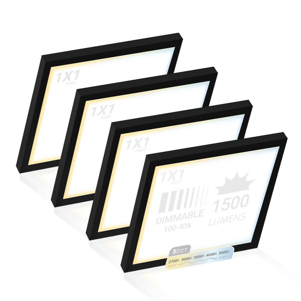 NuWatt 1 ft. x 1 ft. 120V Surface Mount Integrated LED Black Panel Internal Driver 1500LM, 5CCT 2700K to 5000K, Dimmable (4PK)