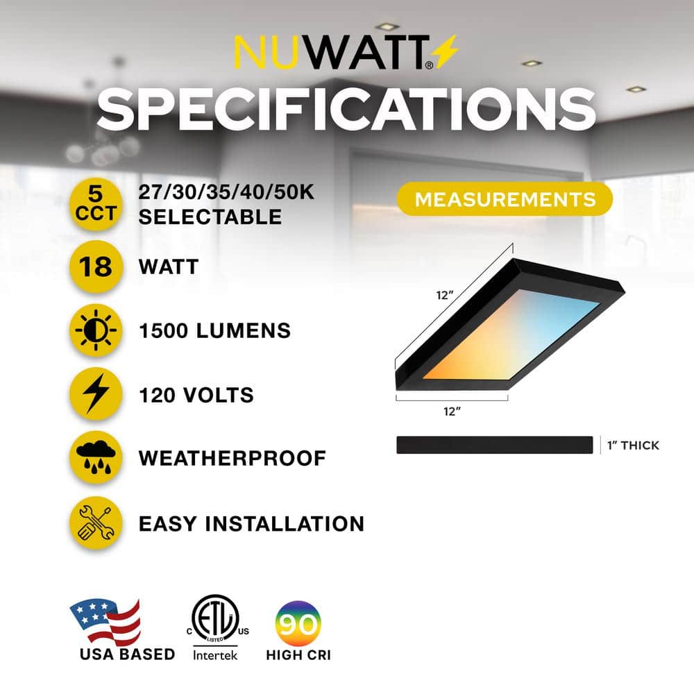 NuWatt 1 ft. x 1 ft. 120V Surface Mount 1500LM Integrated LED Panel Internal Driver, 5CCT 2700K to 5000K, Dimmable, Black Trim
