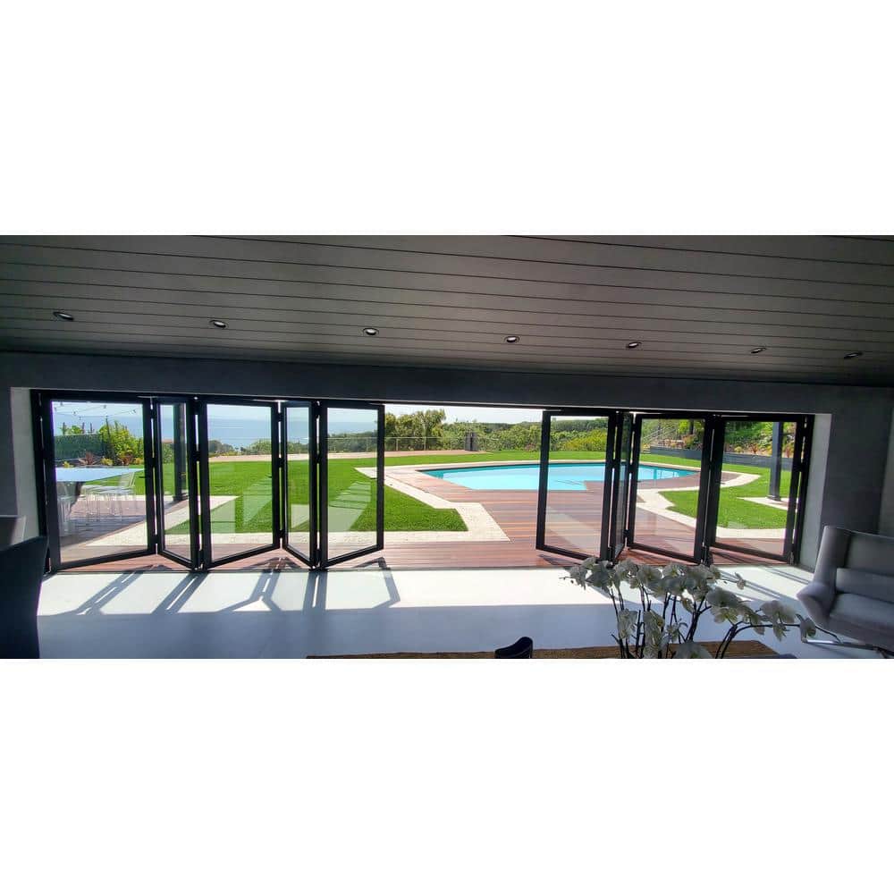 Eris 192 in. x 80 in. Center Opening/Outswing Double Tempered Glass Black Aluminum Folding Patio Door