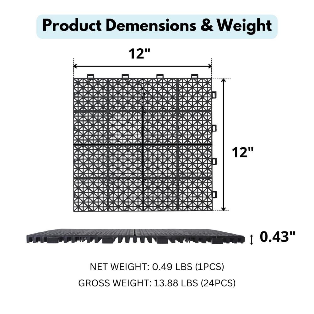 GOGEXX 12 in. x 12 in. Black Porch Rosette Pattern Interlocking Deck Tiles Plastic Flooring Waterproof Outdoor (Pack of 24）