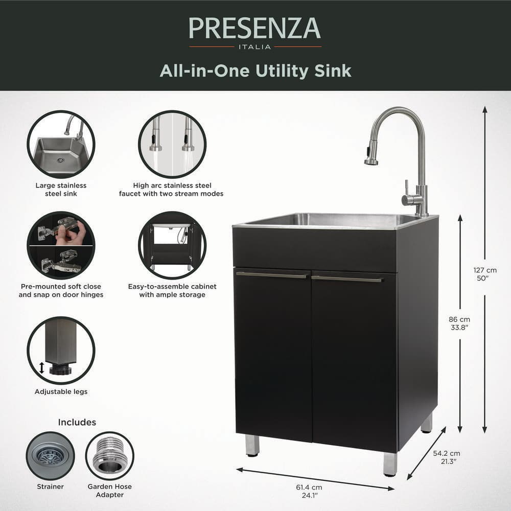 Presenza 24 in. Stainless Steel Drop-In Sink and Cabinet with Black Faucet