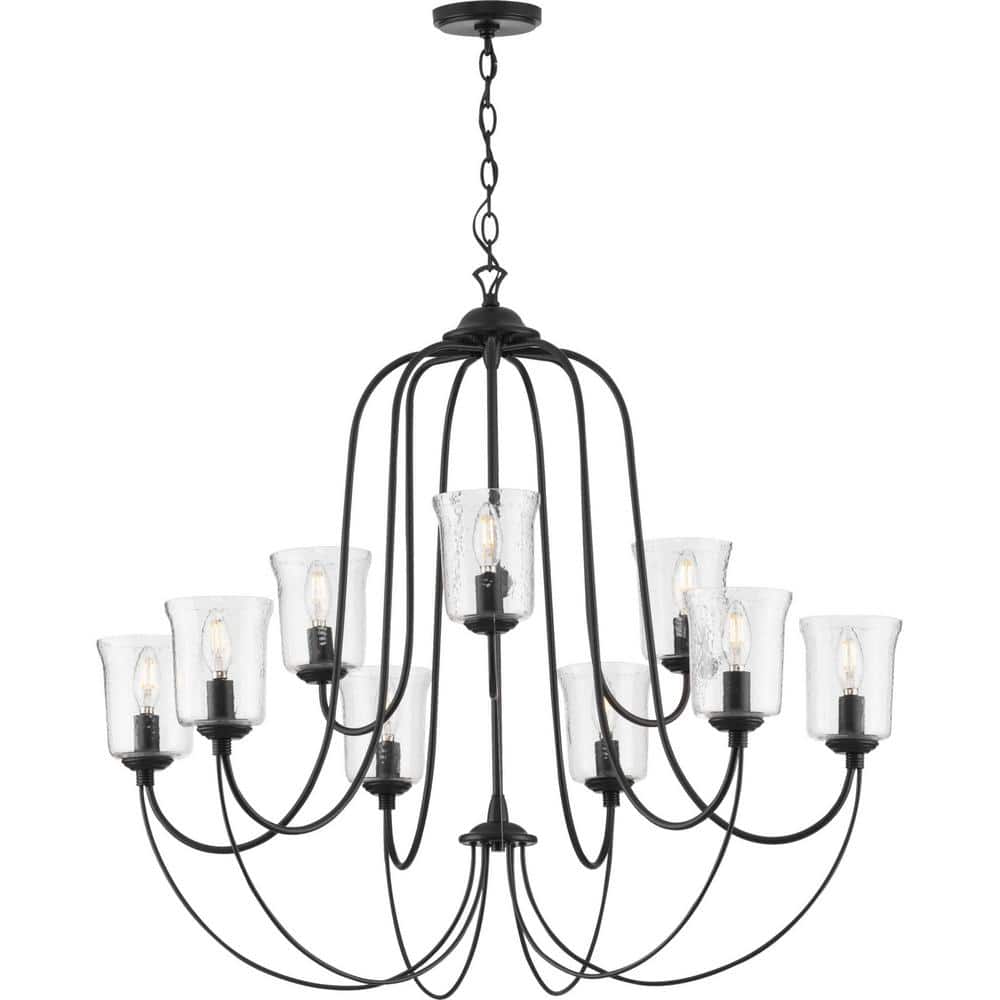 Progress Lighting Bowman Collection 9-Light Matte Black Clear Chiseled Glass Coastal Chandelier Light