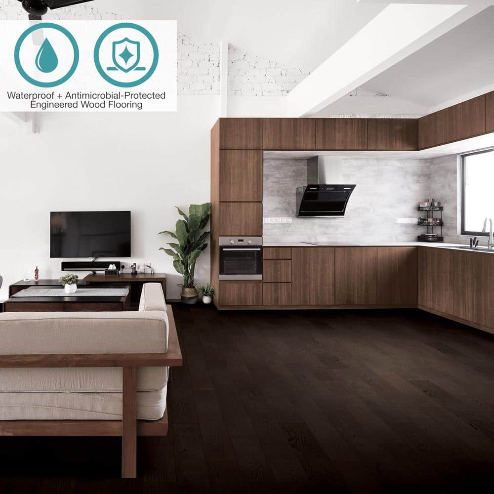 Pergo Defense+ Black Raven Oak 3/8 in. T x 7.5 in. W Click Lock W Brushed Engineered Hardwood Flooring (1104.3 sq.ft./pallet)