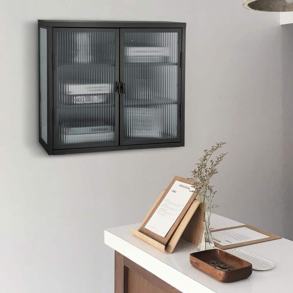 27.6 in. W x 9.1 in. D x 23.6 in. H in Black Metal Ready to Assemble Wall Kitchen Cabinet with Detachable Shelves