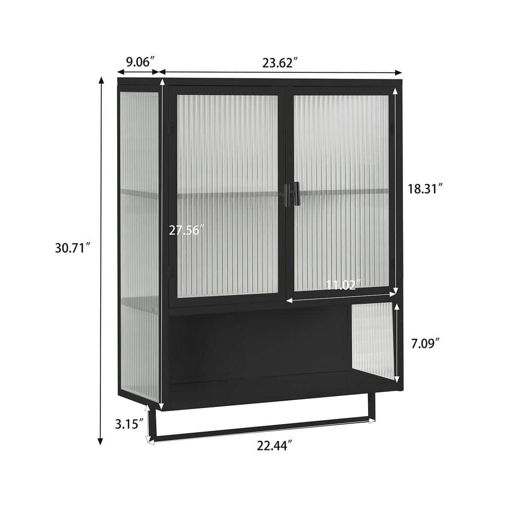 23.62 in. W x 9.06 in. D x 30.71 in. H in Black Ready to Assemble Wall Cabinet, 2-Tier Storage Open Shelf and Towel Rack