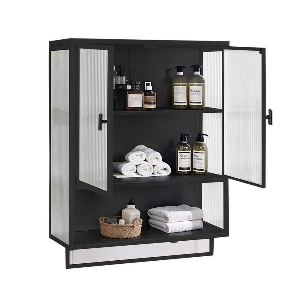 23.62 in. W x 9.06 in. D x 30.71 in. H in Black Ready to Assemble Wall Cabinet, 2-Tier Storage Open Shelf and Towel Rack