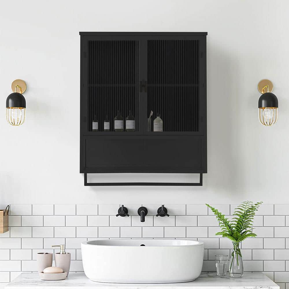 23.62 in. W x 9.06 in. D x 30.71 in. H in Black Ready to Assemble Wall Cabinet, 2-Tier Storage Open Shelf and Towel Rack