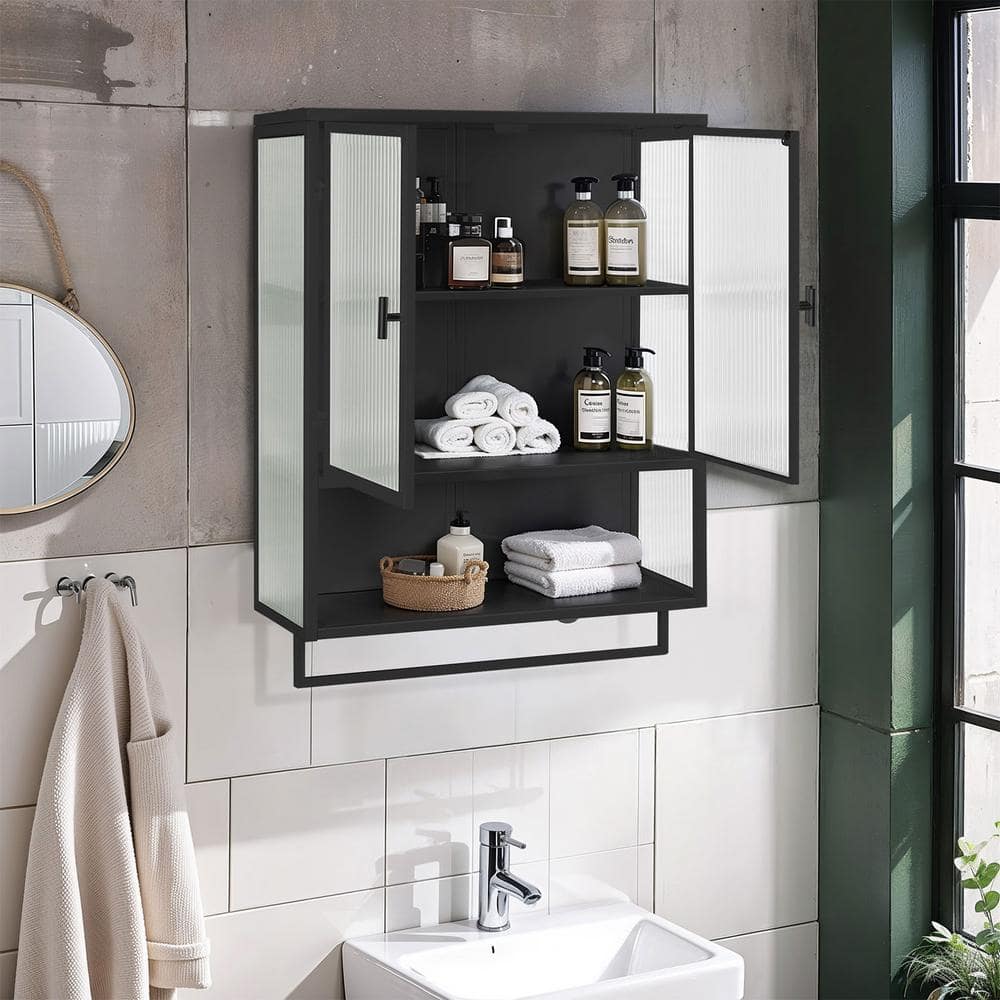23.62 in. W x 9.06 in. D x 30.71 in. H in Black Ready to Assemble Wall Cabinet, 2-Tier Storage Open Shelf and Towel Rack