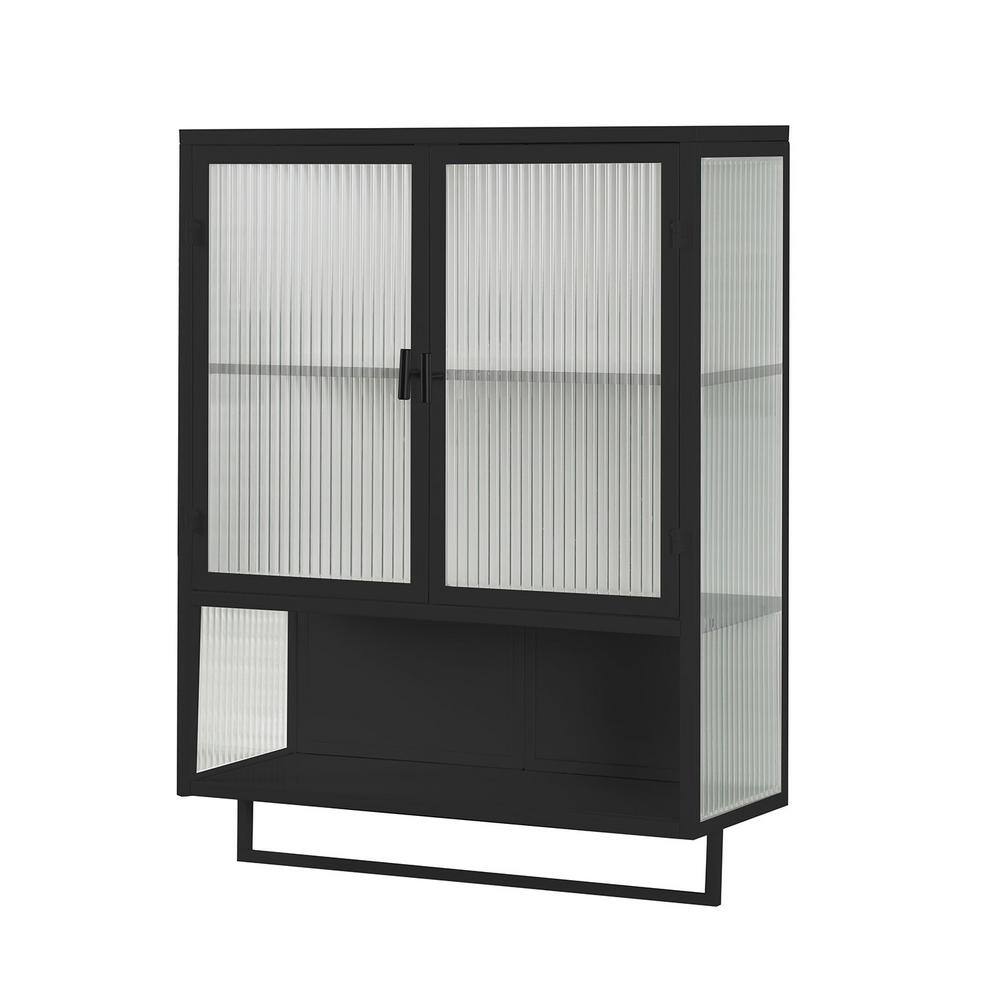 23.62 in. W x 9.06 in. D x 30.71 in. H in Black Ready to Assemble Wall Cabinet, 2-Tier Storage Open Shelf and Towel Rack