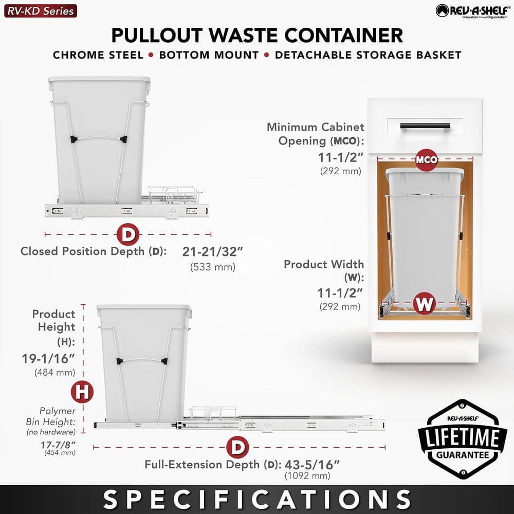 Rev-A-Shelf 35-Quart Plastic Pull-Out Trash Can, Bottom-Mount, Black Bin