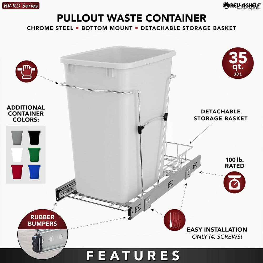 Rev-A-Shelf 35-Quart Plastic Pull-Out Trash Can, Bottom-Mount, Black Bin